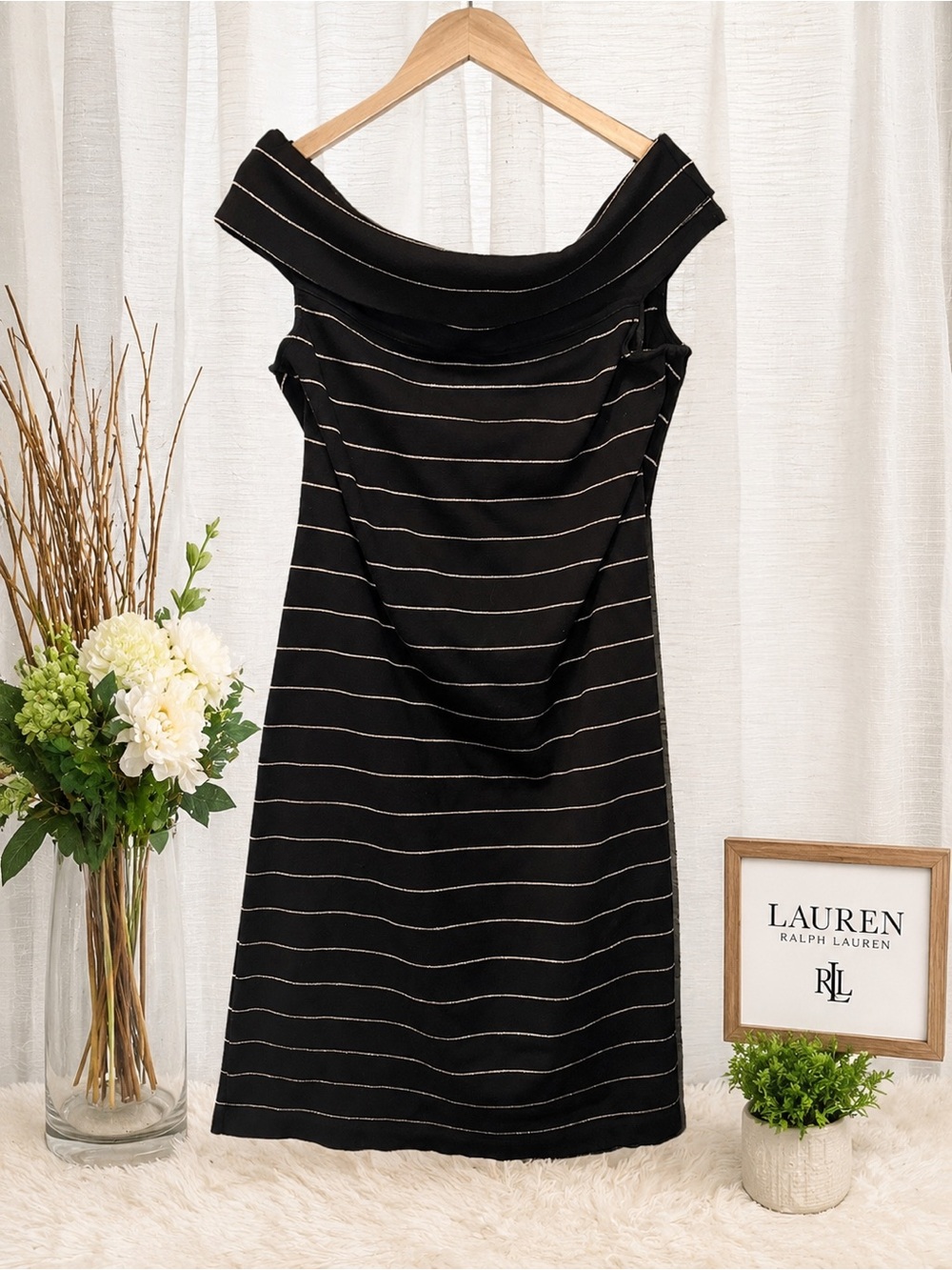 Lauren Ralph Lauren Black Off-Shoulder Stripe Dress